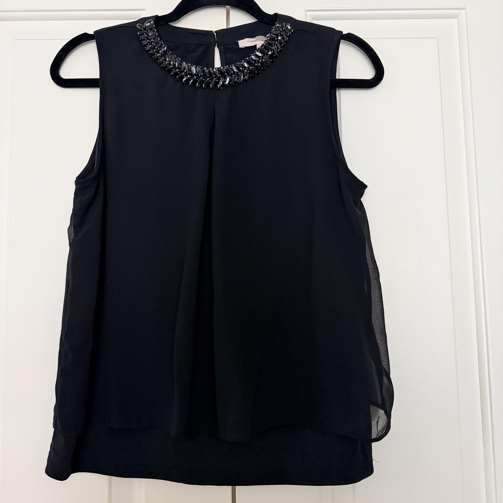 Forever 21 Tank Top Womens S Black Sleeveless Beaded Collar Chiffon Party Blouse